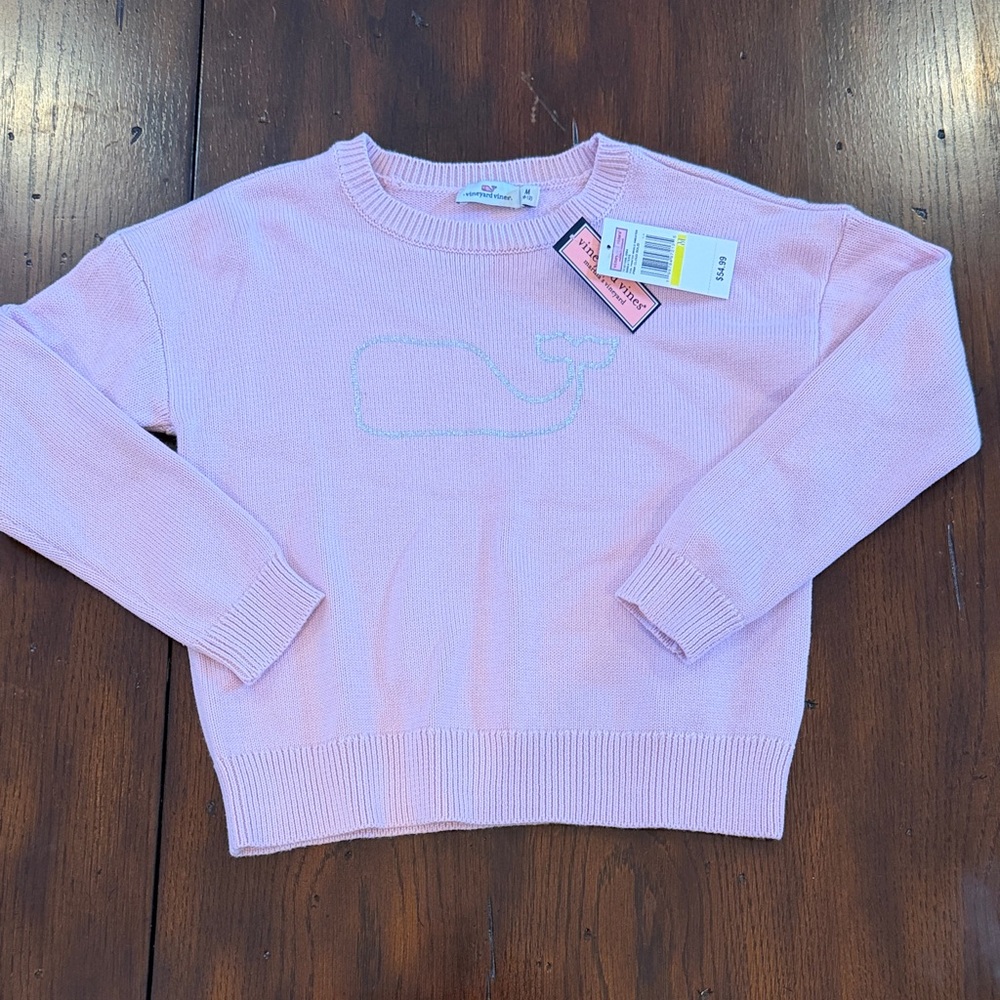 Vineyard Vines Pastel Pink Whale Crewneck Sweater with silver whale